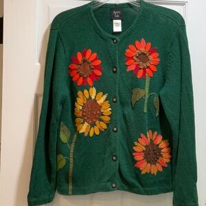 Vintage Avery Isle Hand Embroidered Green Appliqué Cardigan